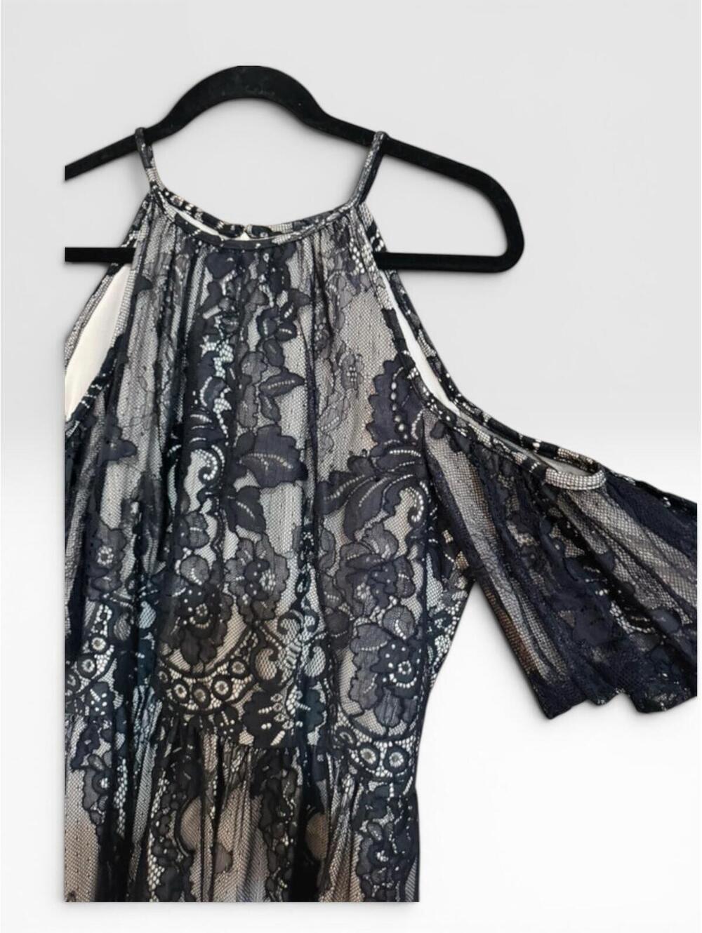 NWT Maggy London Black Nude Lace Cold Shoulder Dress 14 - Picture 5 of 7